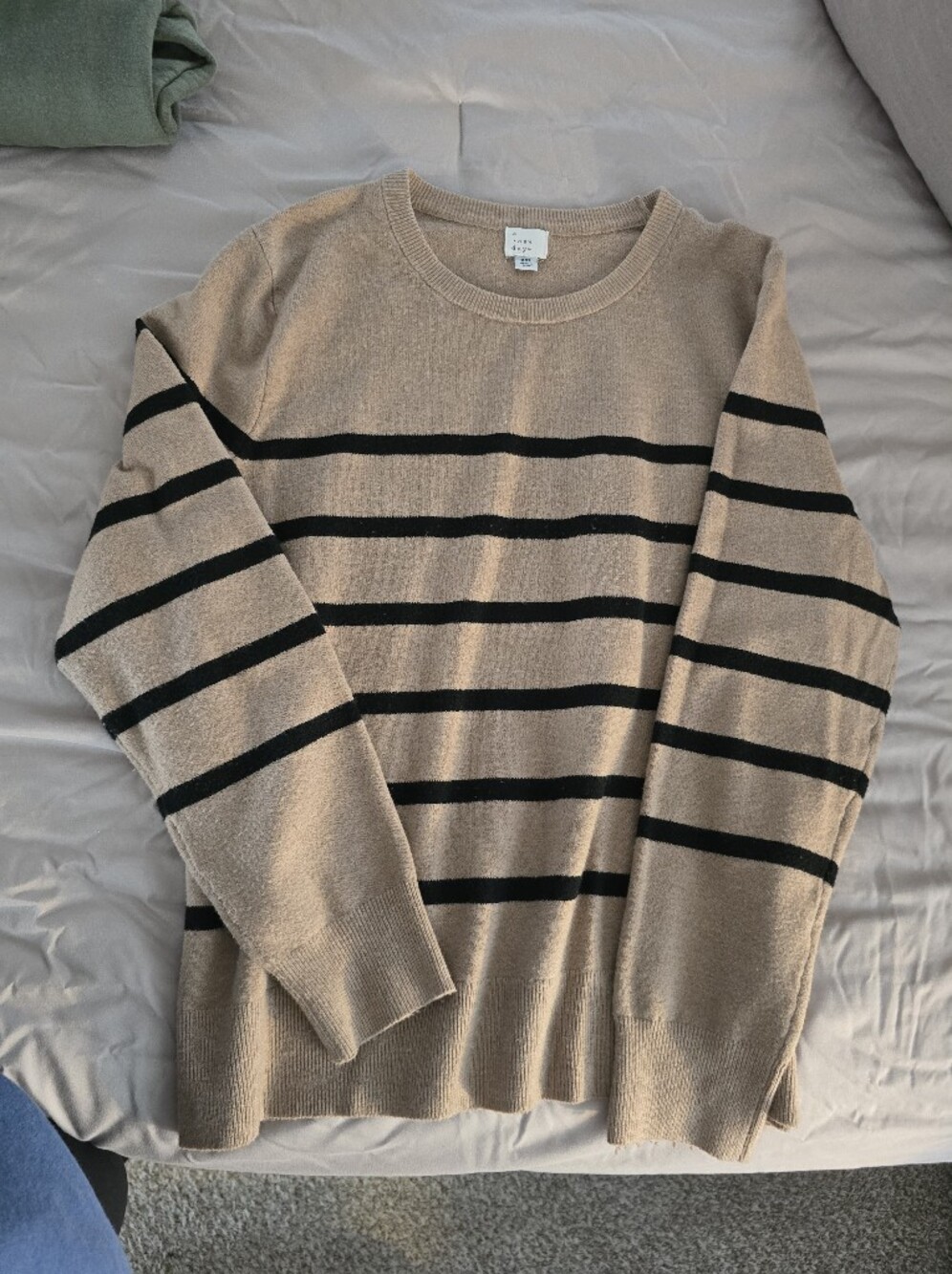 Womens Beige and Black Stripe Crewneck Sweater